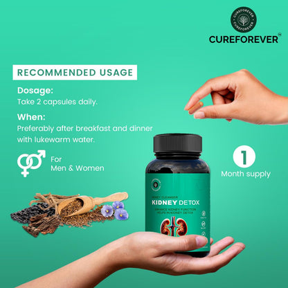 CUREFOREVER Kidney Detox & Cleanser Capsules | Herbal Formula with Varuna, Punarnava, Kapikachu & Flaxseed Extract | Plant-Based | Supports Kidney Health & Urinary Function - 60 Veg Capsules