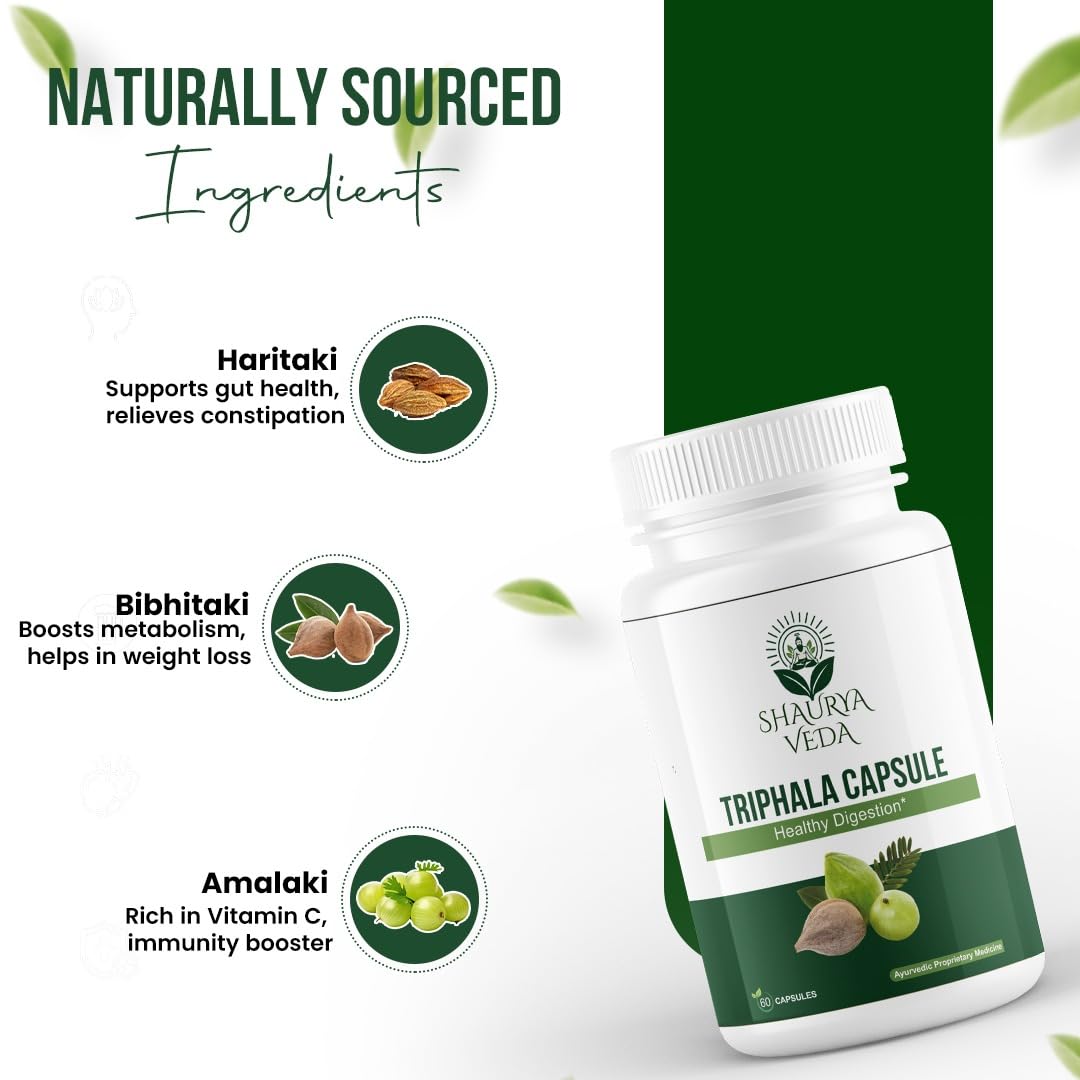 Shaurya Veda Triphala Capsules for Healthy Digestion & Detox | Supports Gut Health, Metabolism, Constipation Relief & Natural Cleansing | 60 Veg Capsules | Ayurvedic Herbal Supplement