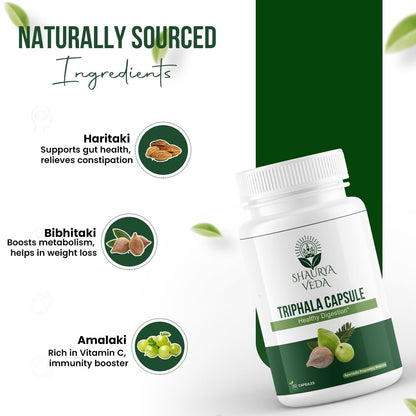 Shaurya Veda Triphala Capsules for Healthy Digestion & Detox | Supports Gut Health, Metabolism, Constipation Relief & Natural Cleansing | 60 Veg Capsules | Ayurvedic Herbal Supplement