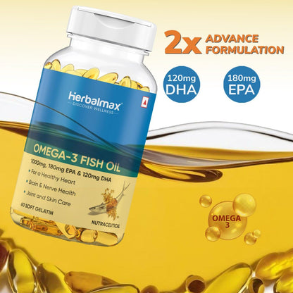 Herbal Max Omega-3 Fish Oil Capsules – 180 Capsules (Pack of 3) | 1000mg Fish Oil with 180mg EPA & 120mg DHA | Heart, Brain & Joint Support | Mercury-Free & Odorless