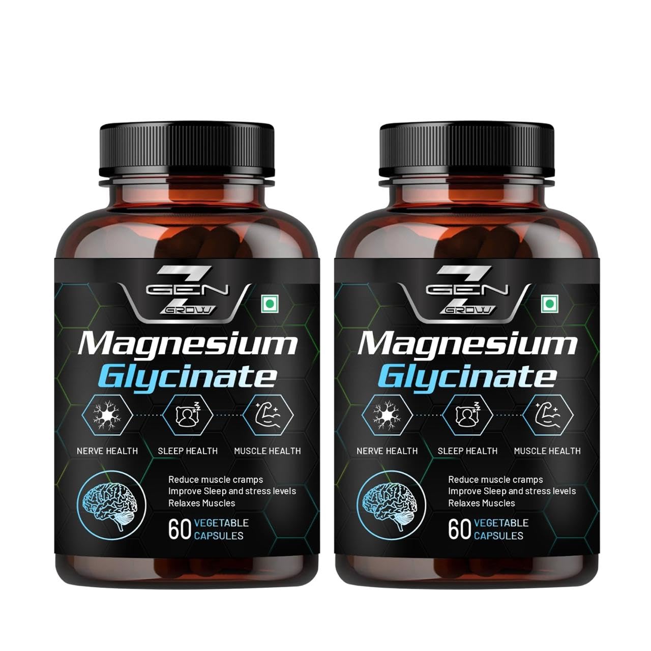 GenZ grow Magnesium Glycinate Double Strength Bisglycinate with Oxide High Absorption Formula Supports Muscle & Nerve Health 60 Veg Capsules (Pack 2)