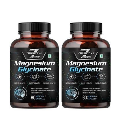 GenZ grow Magnesium Glycinate Double Strength Bisglycinate with Oxide High Absorption Formula Supports Muscle & Nerve Health 60 Veg Capsules (Pack 2)