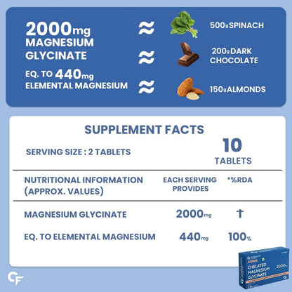 Carbamide Forte Chelated Magnesium Glycinate Supplement 2000mg Per Serving | Magnesium Supplement Supports Muscle Recovery & Better Sleep - 10 Veg Tablets