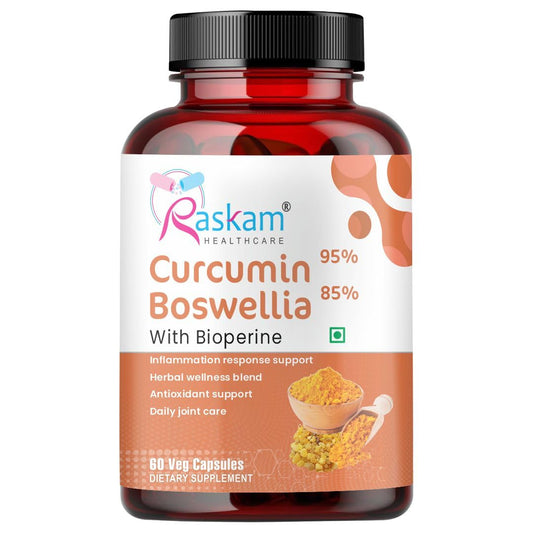 Raskam Curcumin 95%, Boswellia 85%, 510mg Capsules with Bioperine | 60 Veg Capsules | Super Antioxidant, Improves Metabolism, Fights Inflammation | 60 veg capsules