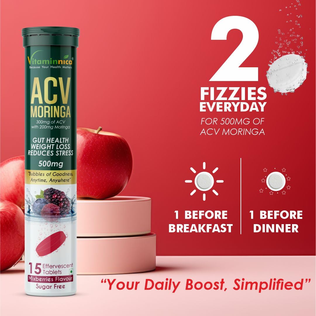 Vitaminnica ACV Moringa Effervescent Tablets | Mix combo pack of - Green Apple, Orange, Mixberry Flavor- 500mg | Natural Energy & Immunity Booster with Antioxidants to Control Cravings (Pack of 3)