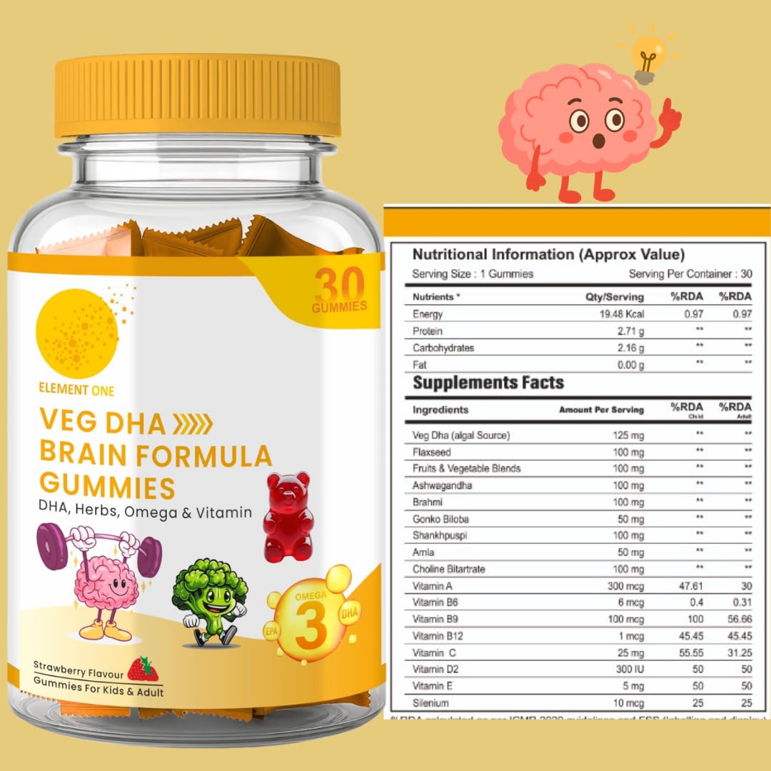 VEG DHA Brain Formula Gummies | Plant-Based Algal DHA with Omega Vitamins | With Ashwagandha, Shankhpushpi & Ginkgo Biloba