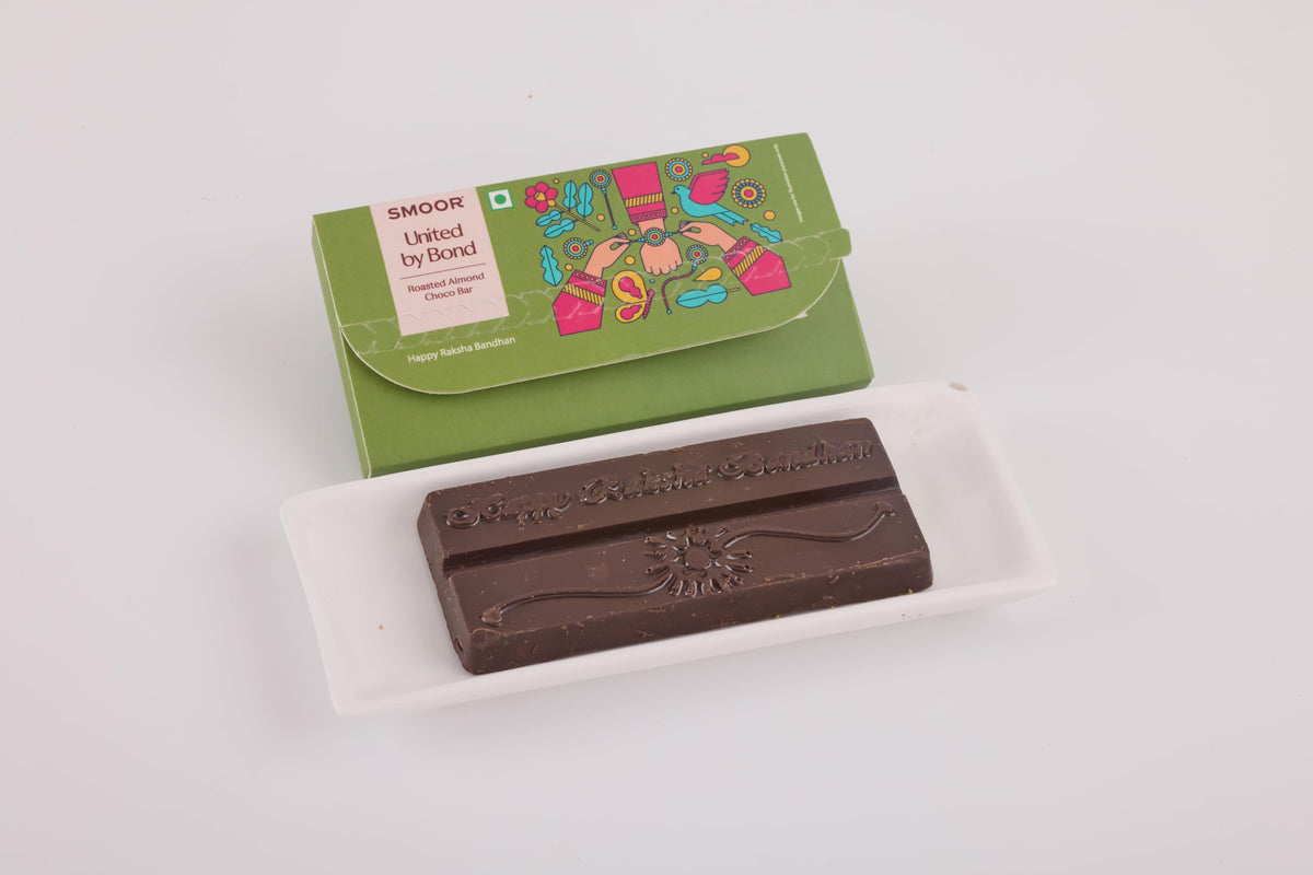 SMOOR Rakhi Choco Bar (Roasted Almond) with Rakhi |Premium Chocolate with Roasted Almonds | Gift Pack for Rakshabandhan| 65gm