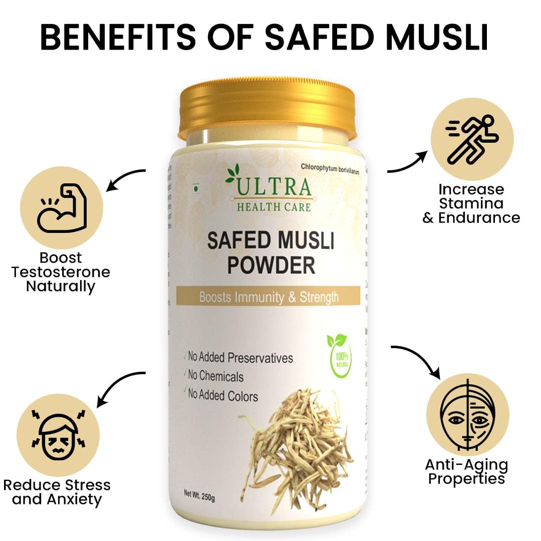 Ultra Healthcare Safed Musli Powder for Stamina | Performance | Immunity Booster | Strength and Vitality |250 gm