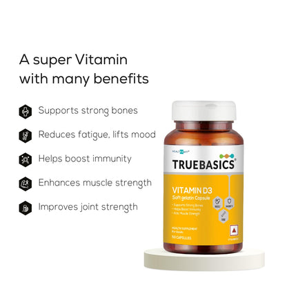 TrueBasics Vitamin D3 600 IU, for Healthy Bones, Strong Muscles, Boosts Immunity & Calcium Absorption, 50 Vitamin D Capsules