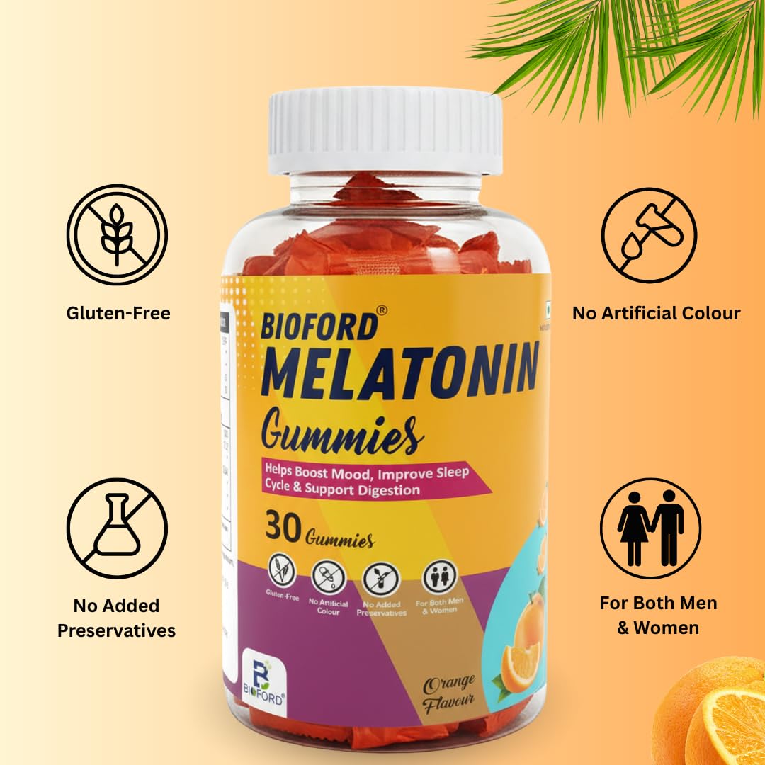 Bioford Melatonin Gummies | Non-Habit Forming | Improves Deep Sleep | Eases Jet Lag | Vegan, Gluten & Gelatin Free | Men & Women | Orange Flavour | 1 X 30 Pack