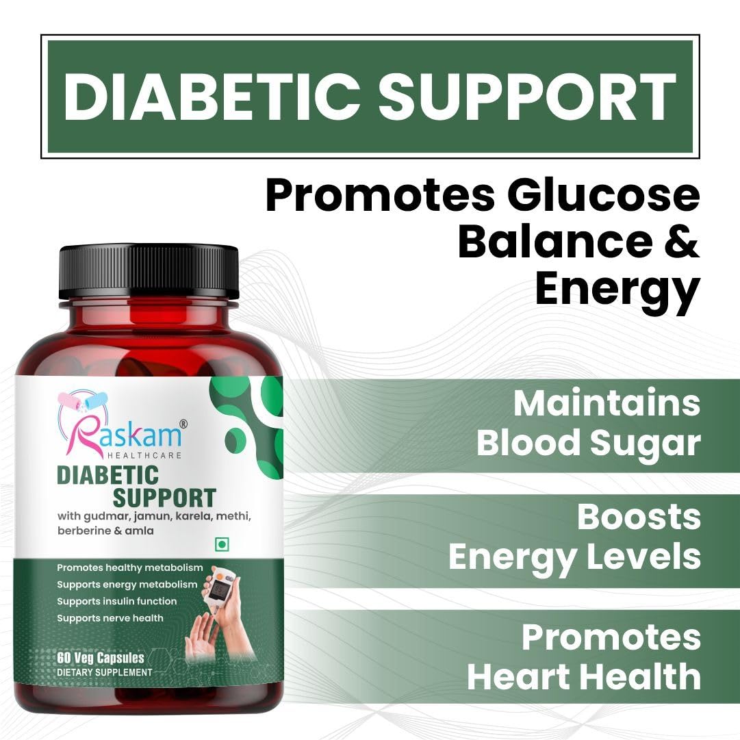 Raskam Diabetic Support Capsules | Blood Sugar & Wellness Support | 100% Vegetarian | 60 Capsules