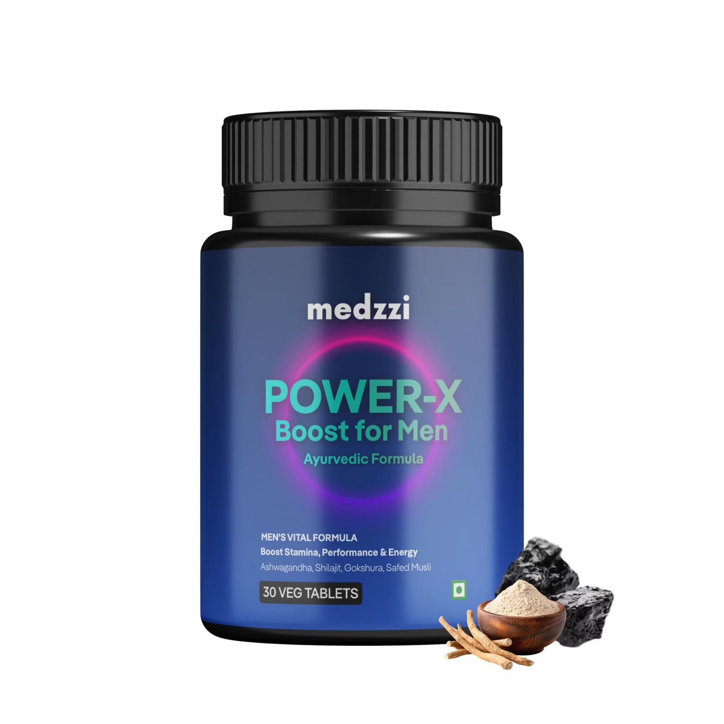 Medzzi Power-X Men’s Wellness Ayurvedic Veg Tablets | With Ashwagandha KSM-66, Shilajit, Gokshura & Kaunch Beej | Supports Stamina, Strength, Energy & Vitality | 30 Veg Tablets