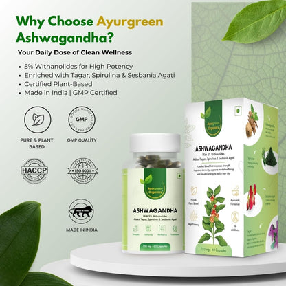 Ayurgreen Organics Ashwagandha 750mg | 60 Veg Capsules | Enriched with Tagar, Spirulina & Sesbania Agati | 5% Withanolides | Pure & Plant-Based Ayurvedic Supplement for Stress Relief, Energy & Immunity