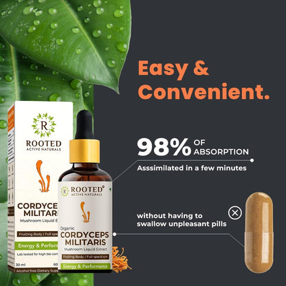R ROOTED ACTIVE NATURALS Cordyceps Mushroom Supplement, Organic Extract Tincture | For Energy, Stamina, Supports Respiratory & Kidney Health| Non Gmo, No Alcohol Exctract | 30 Ml - 60 Servings