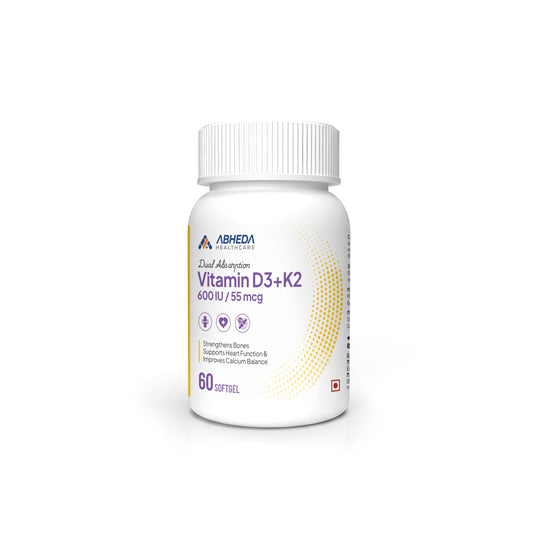 Abheda Healthcare Vitamin D3 K2 Supplement 600 IU D3 | Supports Strong Bones, Heart Health & Immunity | High Bioavailability Softgel Capsules | 60 Softgels