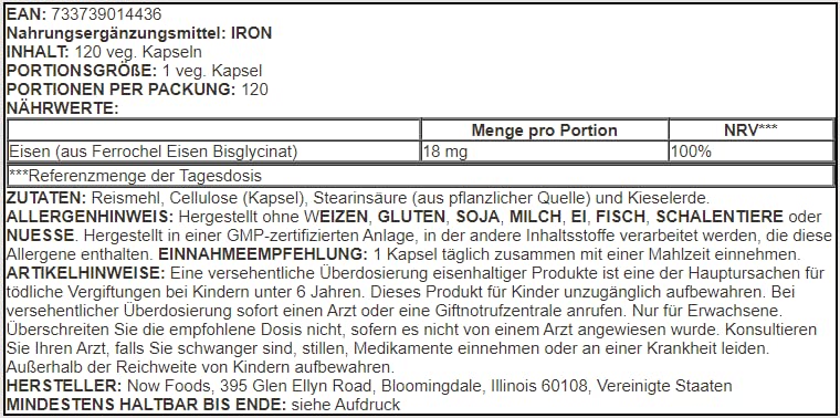 Now Foods Iron 18 mg 120 Veg Capsules- image 3