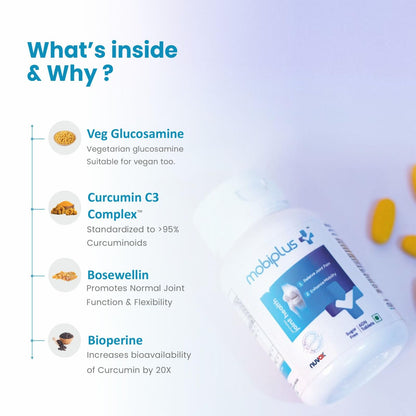 MOBIPLUS – Joint Health Supplement with Veg. Glucosamine, Boswellin, Curcumin C3 Complex & Piperine for Joint Strength, Cartilage Health, Mobility & Flexibility – 60 Tablets
