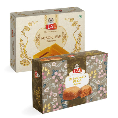 Lal Sweets With Rakhi Mysore Pak and Dharwad Peda Combo Pack (2 x 400g) with 2 Rakhi| Rakhi Gift Hamper | Festive Sweets | Desi Cow Ghee Sweet | Gift Box (800g)