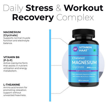 Magnesium Glycinate Supplement | Magnesium Supplement with Vitamin B6 and L-Theanine Supports Muscle Recovery & Better Sleep | 2100mg Per Serving | 120 Capsule by VitaminHaat