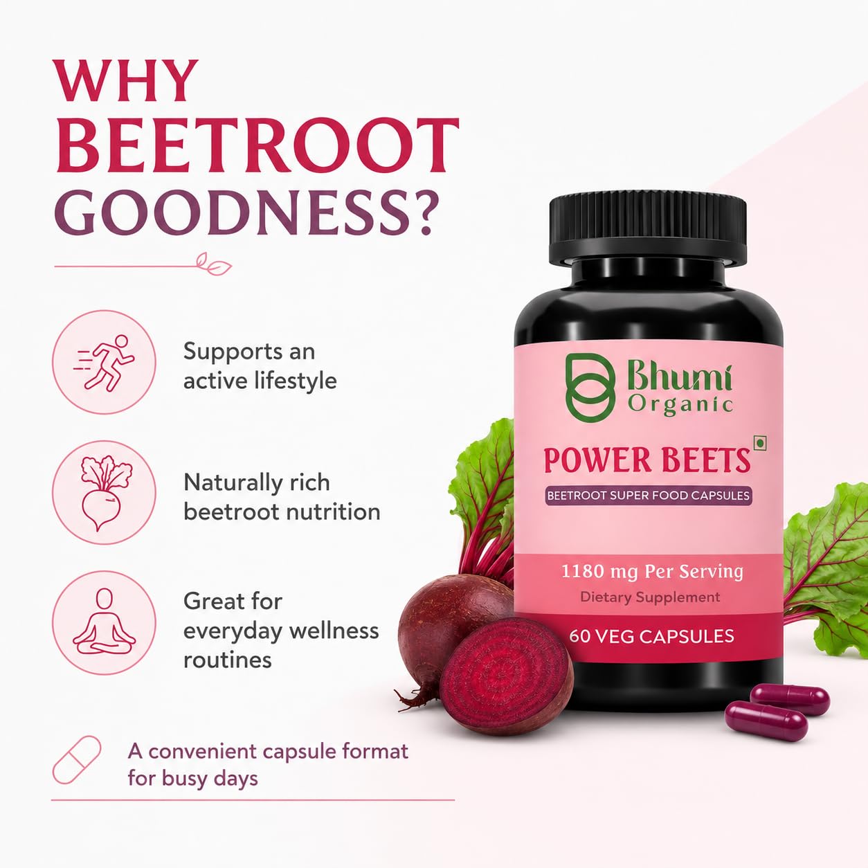 Bhumi Organic Power Beets Supplement 1180mg 60 Veg Capsules