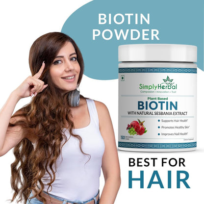 Simply Herbal Natural Biotin Powder Vitamin B7 Supplement with Sesbania Agati, Keratin, Bamboo Shoot Extract, Pomegranate and Amla for Stronger Shiner Hair & Healthier Skin for Men & Women – 150 gm