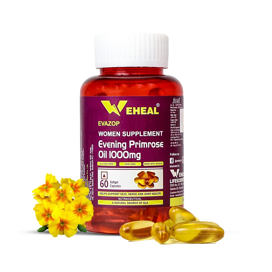 Weheal Evening Primrose Oil Capsules 1000mg – PMS, Skin, Hormone & Joint Support – Non-GMO Primrose Oil for Women – 60 Softgels – Pack 1