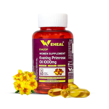Weheal Evening Primrose Oil Capsules 1000mg – PMS, Skin, Hormone & Joint Support – Non-GMO Primrose Oil for Women – 60 Softgels – Pack 1