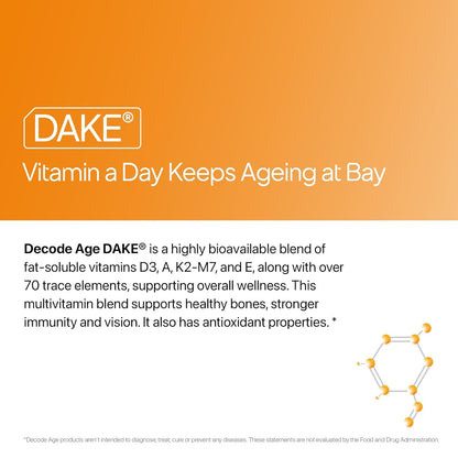 Decode Age DAKE 600 IU Multivitamin | Plant-Based Lichen D3, K2 (MK-7), A & E | Supports Bone, Vision, Immunity & Skin Health | With MCT Oil for Enhanced Absorption | 30 Vegan Capsules