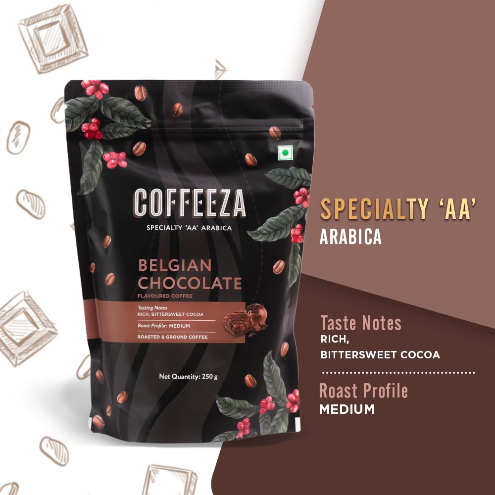 COFFEEZA Ground Coffee - Fine Grind - Belgian Chocolate Flavored - 250 Gram - Medium-Dark Roast 100% Arabica Ground Coffee Powder|Bag