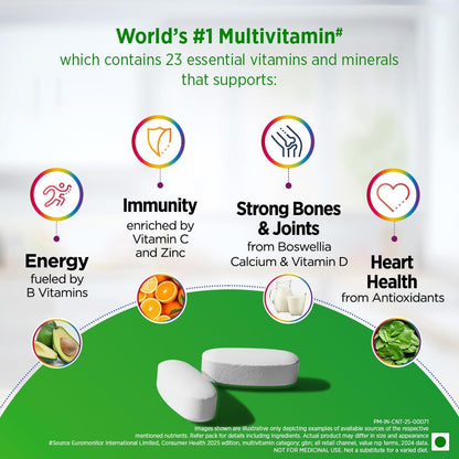 Centrum Adult 50+, World's No.1 Multivitamin with Calcium, Vitamin D3 & 21 other Nutrients for Overall Health, Strong Joints & Heart Health (Veg) 30 Tablets
