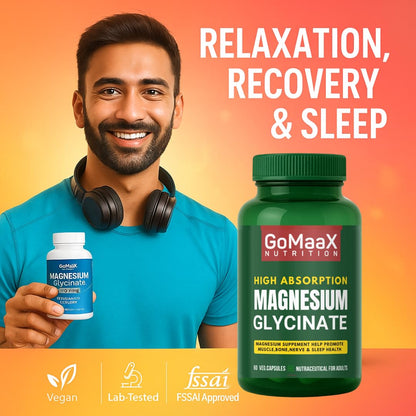 GOMAAX High Absorption magnesium glycinate 550mg, magnesium supplement | 60 Veg Capsules | Supports Nerve & Muscle Health | For Both Men & Women