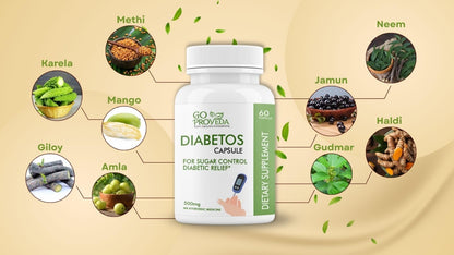 GoProVeda Diabetos Capsules | Ayurvedic Medicine for Blood Sugar & Diabetes Care | Karela, Jamun, Giloy & 9 More Herbs | 60 Capsules