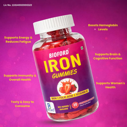Bioford Iron Gummies With Folic Acid & Vitamin E | Strawberry Flavour | No Sugar Added | 90 Gummies | Supports Hemoglobin, Energy & Immunity
