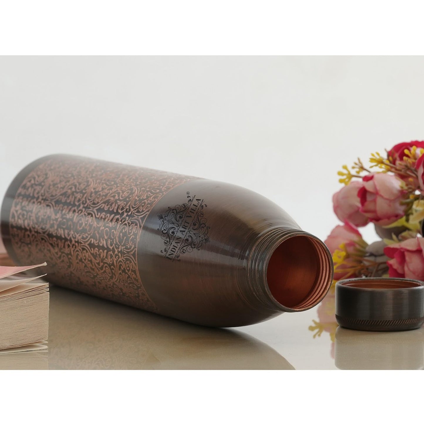 INDIAN ART VILLA 100% Pure Copper Water Bottle, Antique Dark Embossed Design, Ayurvedic Vessel for Yoga & Health, 900ml