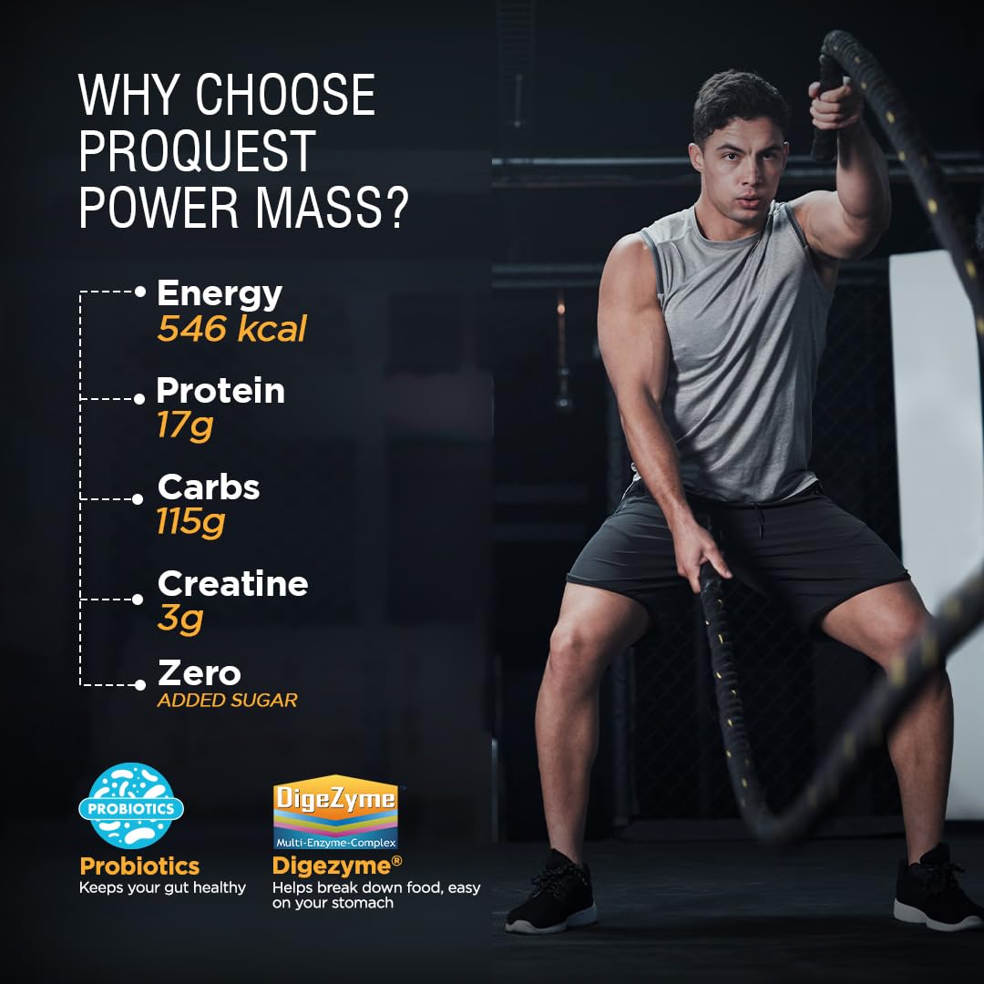 Proquest Power Mass Gainer Chocolate 907g + Creatine 90g + Free Shaker Combo | 546 kcal, 17g Protein, Digezyme® & Probiotics | Muscle Gain & Recovery Support