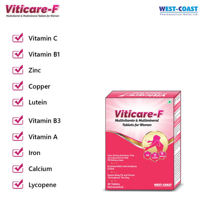 WEST-COAST Viticare F Multivitamin, Multimineral & Antioxidants Tablets, over 24+ key nutrients for daily nutritional requirement with grape seed extract - 30 Tablets