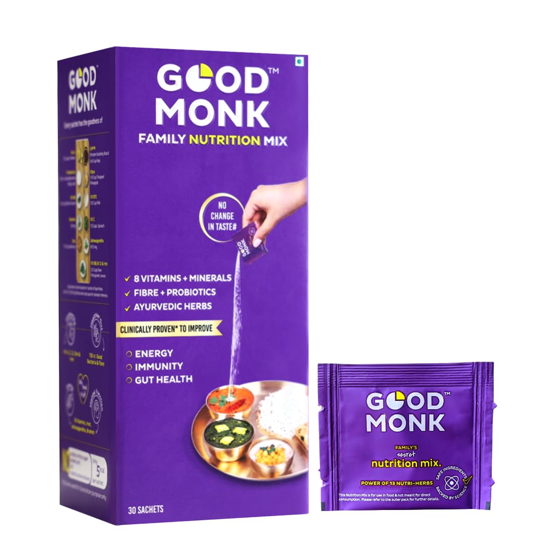 Good Monk Multivitamin,Probiotic & Fibre Mix (Add To Food,No Taste Change) Improves Immunity,Gut Health,Energy. With Vitamin B12,C,D,Iron,Zinc,1.3Bn Probiotics|For Kids,Men & Women - 30 Sachets