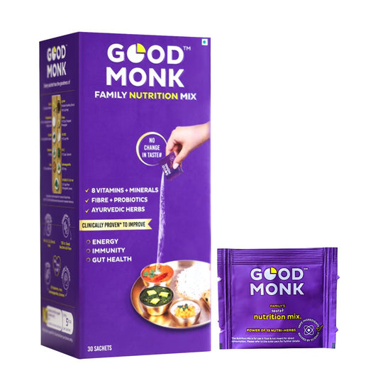 Good Monk Multivitamin,Probiotic & Fibre Mix (Add To Food,No Taste Change) Improves Immunity,Gut Health,Energy. With Vitamin B12,C,D,Iron,Zinc,1.3Bn Probiotics|For Kids,Men & Women - 30 Sachets