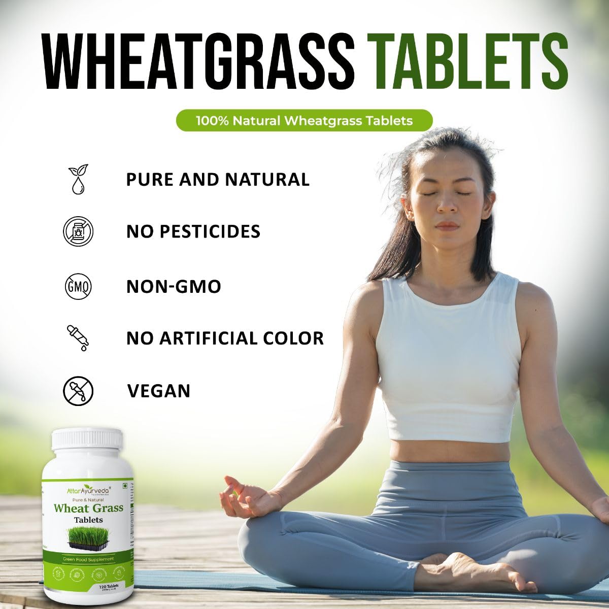 Attar Ayurveda Wheat Grass Tablets (120 Tablets, 500mg) - Natural Antioxidant Superfood, Supports Healthy Joints, Immunity Booster, Non-GMO, Vegan