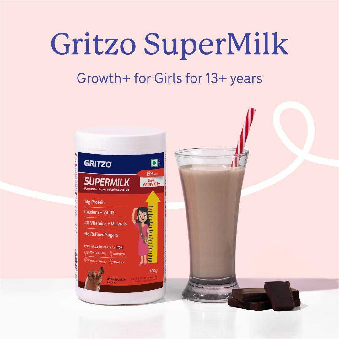 Gritzo SuperMilk Growth+ (Formerly Height+) (13+y Girls), 13g Protein Powder (Double Chocolate, 400g) with Black Panther Sipper Bottle (Black, 700ml)