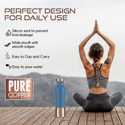 KOSVED Pure Copper Jasmine Dual Colour Tone Water Bottle: 100% Copper, Leak-proof, For Everyday Use, (800ml / 27oz)- Blue