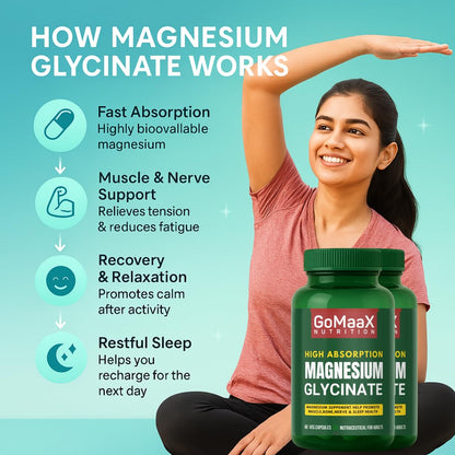 GOMAAX High Absorption magnesium glycinate 550mg, magnesium supplement | 60 Veg Capsules | Supports Nerve & Muscle Health | For Both Men & Women