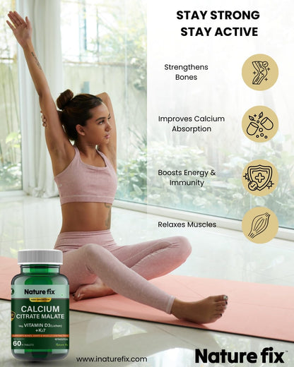Nature Fix Calcium Citrate Malate with Veg. Vitamin D3 (Lichen) + K27 – Supports Bones, Joints & Muscle Contraction – 60 Tablets