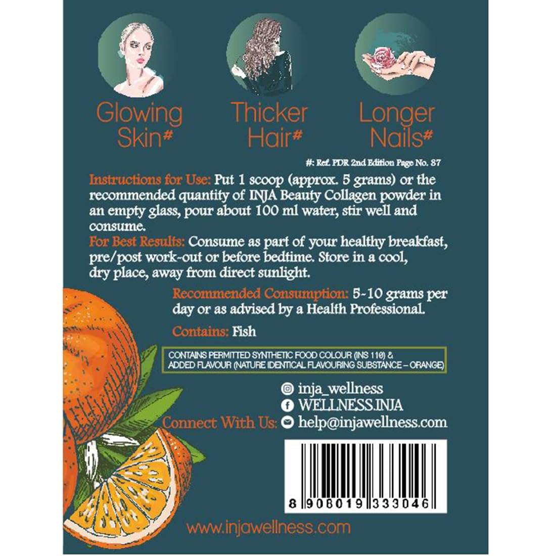 INJA Beauty Marine Collagen Powder for Women and Men, Japanese Formulation Collagen Supplement with Vitamin C, Supports Healthy Skin, Hair, Joints, Muscles, Sugar-Free, Gluten-Free, Orange Flavor, 125 gm