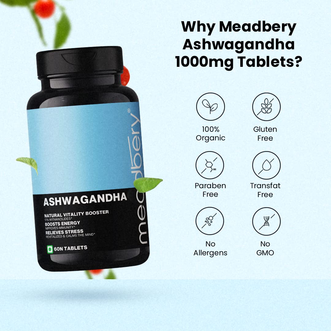 Meadbery Ashwagandha Tablet, 1000mg of True Himalayan Ashwagandha Tablet, Energy and Immunity Booster Ashwagandha Capsules for Men and Women, Clinically Researched Ingredients (60 Tablets)