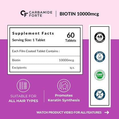 Carbamide Forte Biotin Tablets for Hair Growth | Biotin Supplement 10000 mcg | Hair Supplements for Women & Men | 60 Hair Growth Tablets