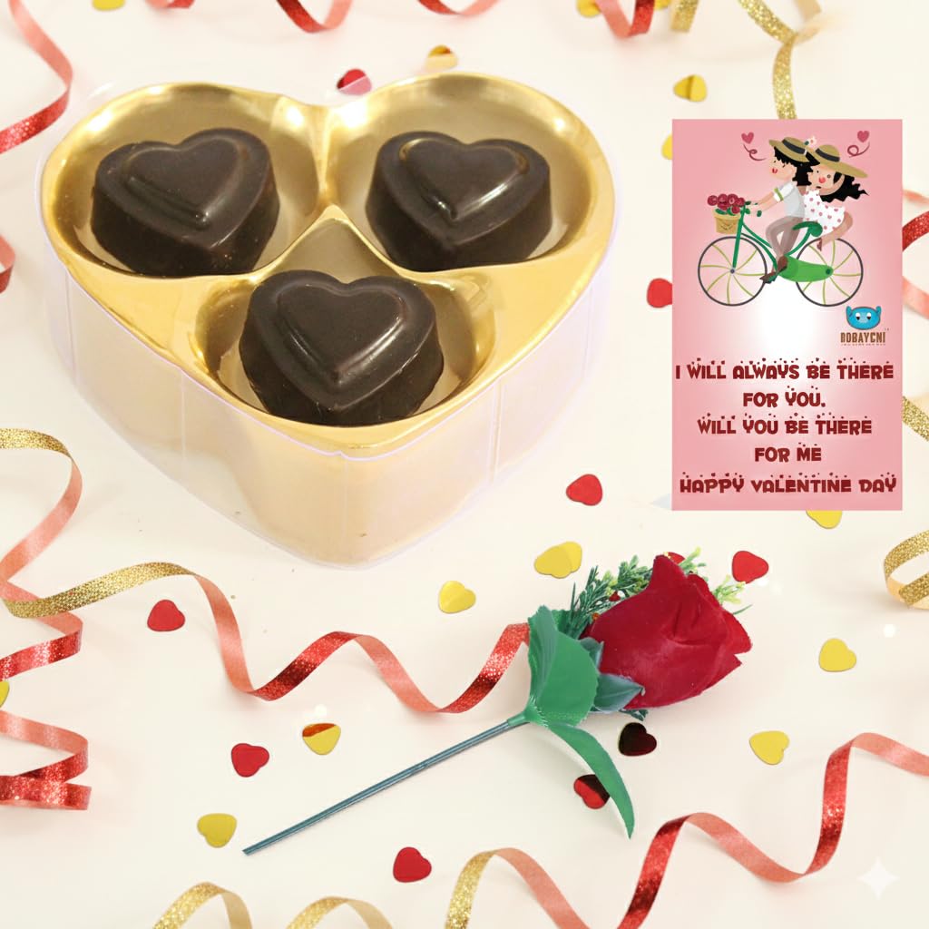 BOGATCHI Valentine’s Day Chocolate Gift | 3 Choco Hearts Box with Free Valentine Card & Rose | Gift for Girlfriend, Boyfriend, Wife, Husband