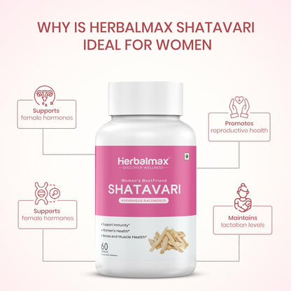Herbalmax Shatavari 400 mg 60 Veg Capsules Pack of 3 – Ayurvedic Supplement for Women’s Health & Hormone Balance, Rich in Antioxidants, Boosts Immunity & Supports Bone & Muscle Strength