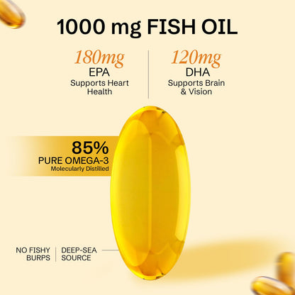 Nveda Omega 3 Fish Oil 1000mg with 180mg EPA & 120mg DHA | Supports Heart, Brain, Eye & Joint Health | Omega-3 Fatty Acid Supplement for Men & Women | 60 Capsules