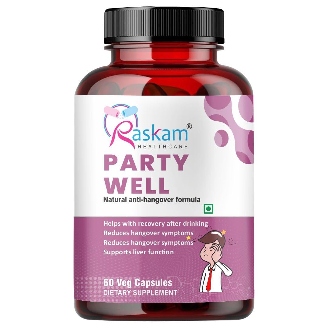 Raskam Party Well 60 Capsules- Anti Hangover Formula- Prevents hangover & Helps Support liver. Herbal Solution, Safe, Effective & Clinically Proven